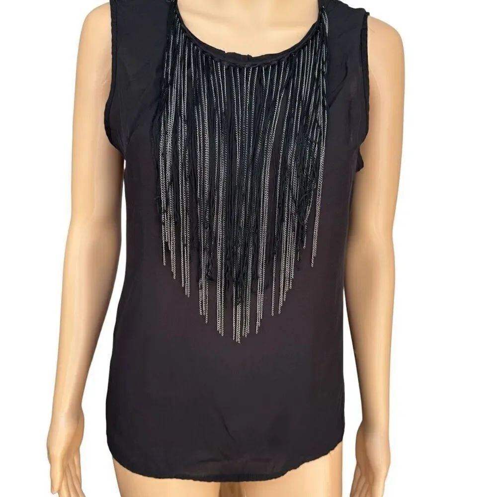 Costa Blanca black sleeveless top blouse cotton blend fringe chain detail Size M